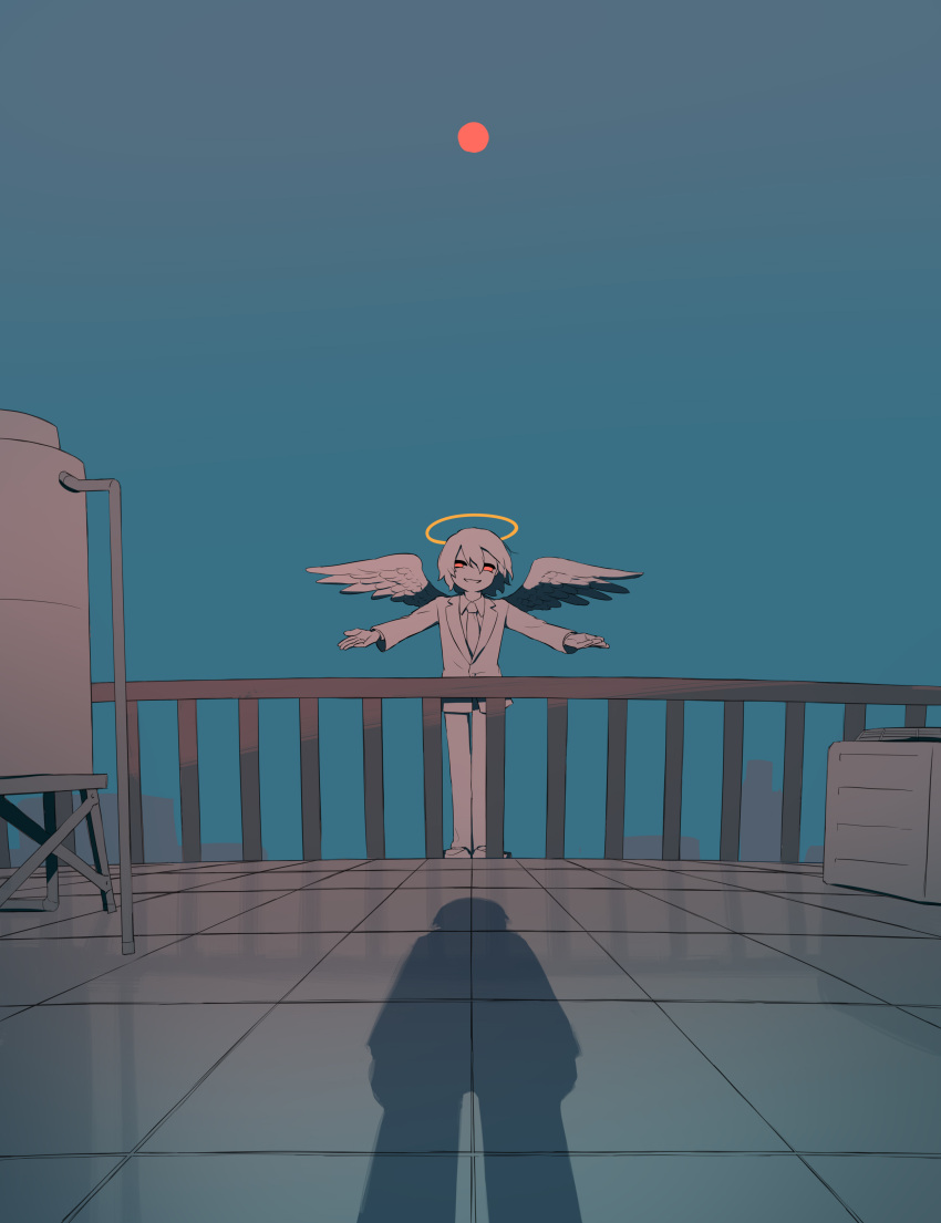 1boy absurdres angel_wings avogado6 blue_sky colored_skin commentary_request day full_moon grin halo highres imminent_suicide jacket looking_at_viewer moon on_roof original outdoors outstretched_arms pants pov railing red_eyes red_moon rooftop shadow sky smile spread_arms spread_wings white_hair white_jacket white_pants white_skin white_wings wings