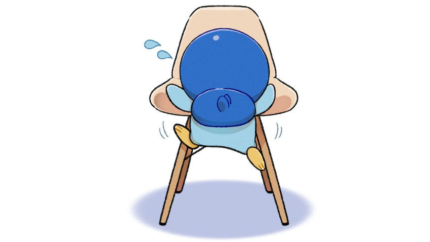 chair climbing commentary_request flying_sweatdrops from_behind full_body gen_4_pokemon no_humans official_art piplup pokemon pokemon_(creature) prj_pochama solo toes white_background