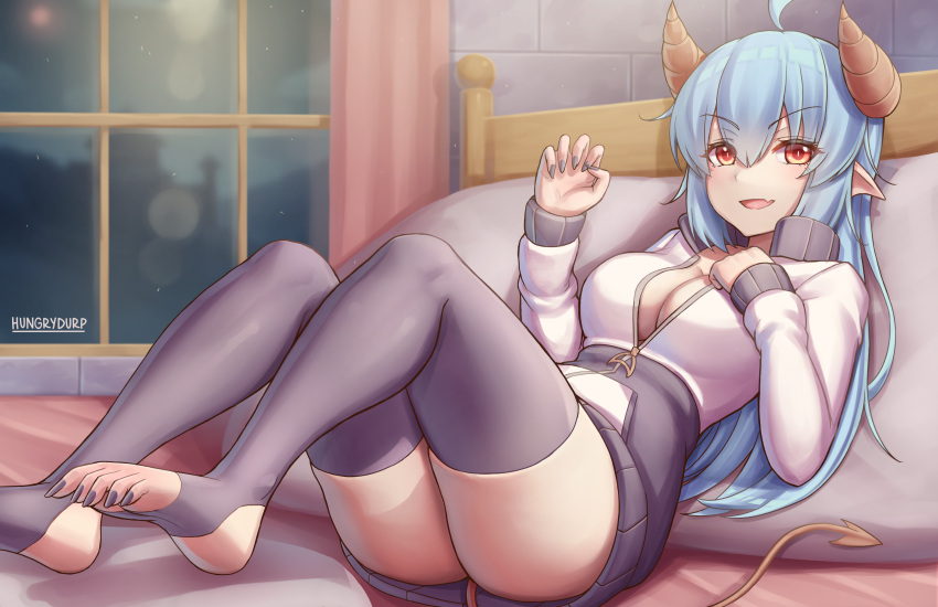 1girl absurdres ahoge artist_name bangs bed blue_hair blush breasts crossed_bangs demon_girl demon_horns demon_tail eyebrows_visible_through_hair fang grey_nails hand_on_own_chest highres horns hungrydurp indoors jacket large_breasts long_hair long_sleeves looking_at_viewer lying nail_polish on_back on_bed original parted_lips partially_unzipped pointy_ears purple_legwear red_eyes skin_fang smile solo tail thigh-highs thighs window