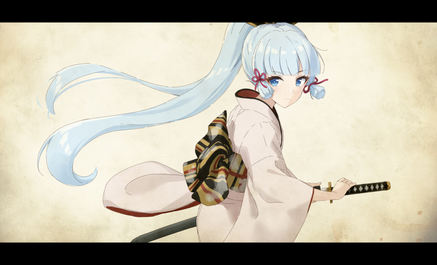 1girl bangs blue_hair blunt_bangs genshin_impact hair_ribbon holding holding_sword holding_weapon japanese_clothes kamisato_ayaka kimono long_hair long_sleeves looking_at_viewer ponytail ribbon sidelocks suke_(momijigari) sword weapon white_kimono wide_sleeves younger yukata