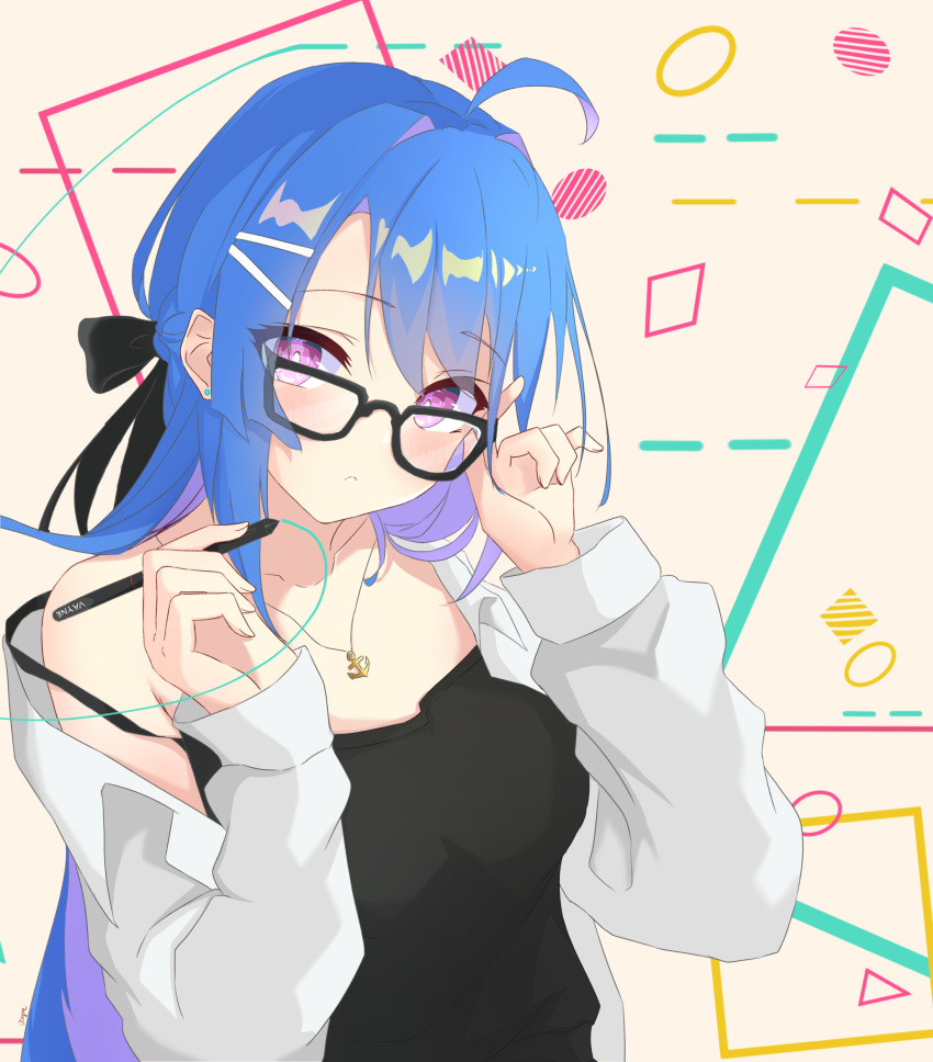 1girl absurdres adjusting_eyewear ahoge alternate_costume anchor_symbol azur_lane bangs bespectacled blue_hair bow casual collarbone commentary_request contemporary eyebrows_visible_through_hair eyes_visible_through_hair glasses hair_between_eyes hair_bow hair_ornament hair_ribbon hairclip head_tilt helena_(azur_lane) highres jewelry long_hair long_sleeves looking_at_viewer necklace ribbon sidelocks simple_background solo spaghetti_strap vayneeeee violet_eyes white_background