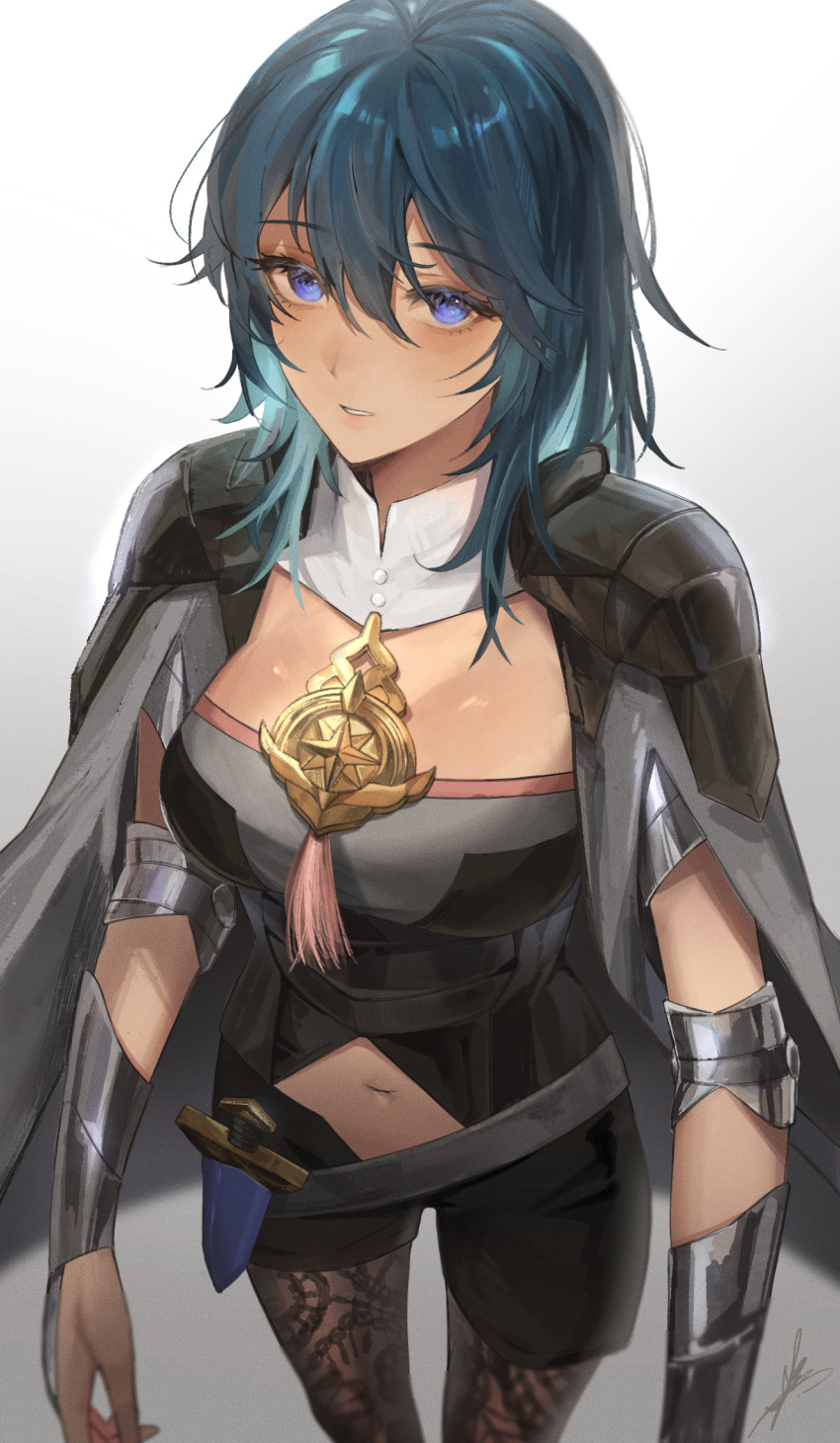 1girl armor blue_eyes blue_hair byleth_(fire_emblem) byleth_eisner_(female) cape clothing_cutout dagger eyebrows_visible_through_hair fire_emblem fire_emblem:_three_houses gradient gradient_background green_hair grey_cape hair_between_eyes highres knife long_hair navel navel_cutout pantyhose parted_lips pauldrons scabbard sheath sheathed shoulder_armor signature solo toho10min vambraces weapon