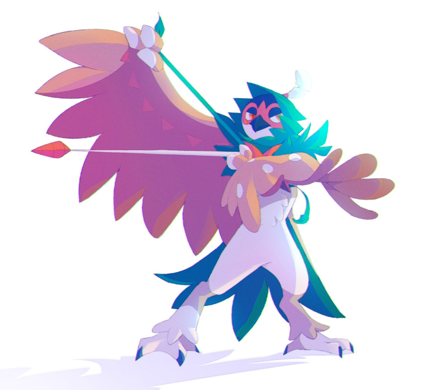 arm_up arrow_(projectile) claws closed_mouth commentary decidueye feyzi full_body gen_7_pokemon highres holding legs_apart no_humans pokemon pokemon_(creature) red_pupils simple_background solo standing talons white_background