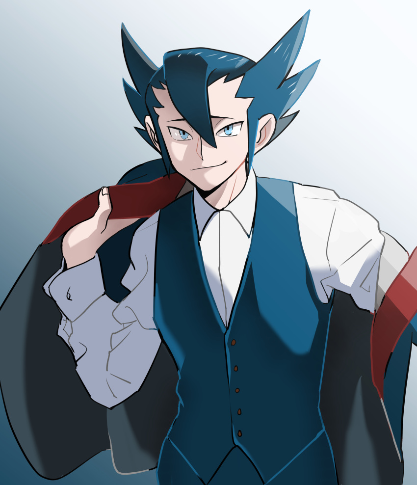 1boy absurdres bangs black_jacket blue_eyes blue_pants blue_vest buttons closed_mouth collared_shirt commentary_request dressing elite_four gradient gradient_background grimsley_(pokemon) hair_between_eyes hand_up highres holding holding_clothes holding_jacket jacket long_sleeves looking_at_viewer male_focus pants pokemon pokemon_(game) pokemon_bw raised_eyebrows shirt short_hair smile spiky_hair usarinko vest white_shirt