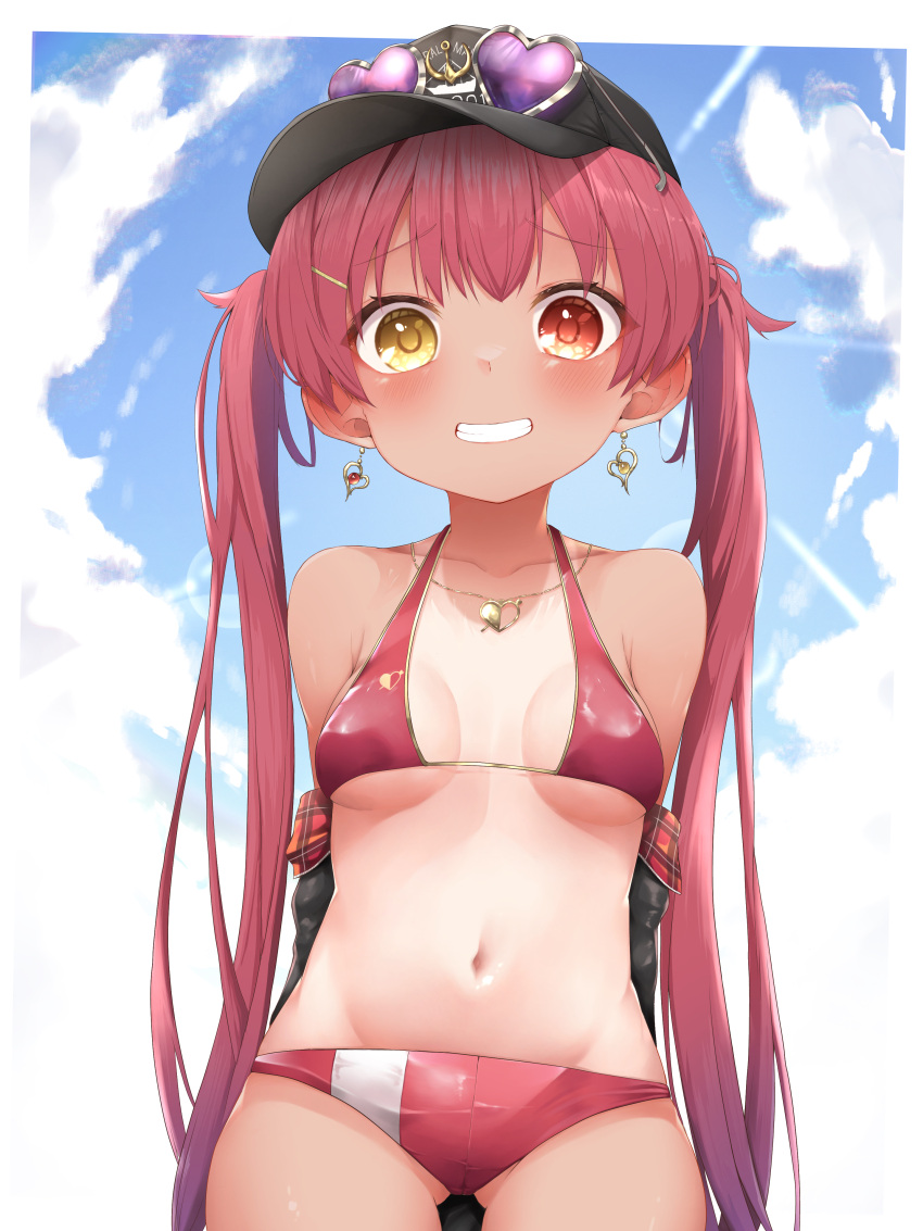 1girl absurdres bangs bikini blush breasts eyebrows_visible_through_hair hair_ribbon hat heterochromia highres hololive houshou_marine large_breasts long_hair looking_at_viewer navel one-piece_tan open_mouth pepushi_drow red_eyes redhead ribbon smile solo swimsuit tan tanlines twintails virtual_youtuber yellow_eyes younger