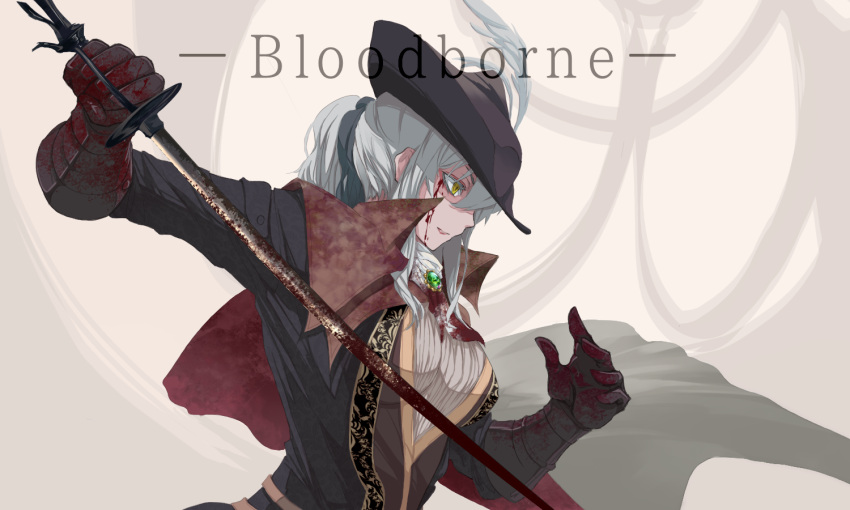 1girl ascot blonde_hair blood bloodborne blue_eyes breasts cape coat cravat gem gloves hat hat_feather holding lady_maria_of_the_astral_clocktower large_breasts long_hair ponytail rakuyo_(bloodborne) sasayaki27 simple_background solo sword the_old_hunters tricorne weapon white_hair