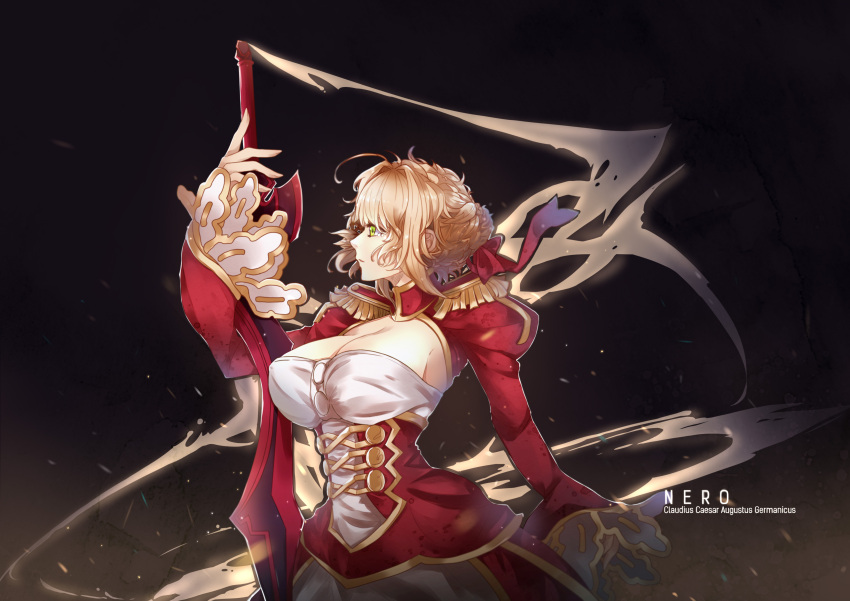 absurdres ahoge bangs black_background blonde_hair braid breasts dress fate/extra fate/extra_ccc fate/grand_order fate_(series) hair_ribbon highres holding holding_sword holding_weapon jia_redian_ruzi_ruzi looking_to_the_side nero_claudius_(fate) nero_claudius_(fate)_(all) red_dress ribbon short_hair solo sword uniform upper_body weapon