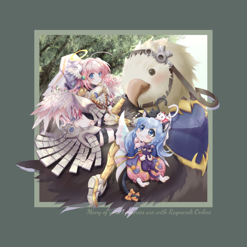 2girls animal animal_on_head armor armored_boots armored_skirt bangs black_cat blue_capelet blue_hair blush boots border capelet cat cat_on_head closed_mouth commentary_request english_text eyebrows_visible_through_hair feathered_wings full_body furry furry_female gauntlets green_border griffin gryphon_(ragnarok_online) halo heart_tail_duo highres holding holding_animal holding_cat kuma_king long_hair looking_at_viewer multiple_girls on_head pants pauldrons pink_hair pink_pants ragnarok_online reins royal_guard_(ragnarok_online) shield shoulder_armor smile summoner_(ragnarok_online) tree white_cat white_wings wings