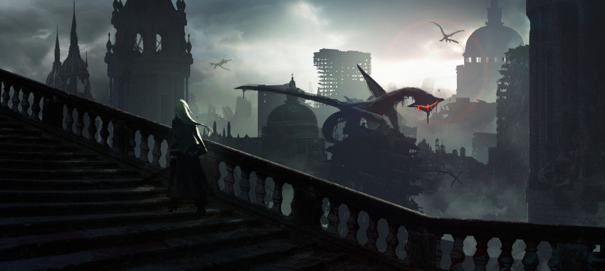 1girl absurdres asteroid_ill blonde_hair building capelet church cornea_(asteroid_ill) cross from_behind gloves glowing high_heels highres holding holding_sword holding_weapon huge_filesize long_hair monster original overcast railing ruins scenery solo stairs sword weapon