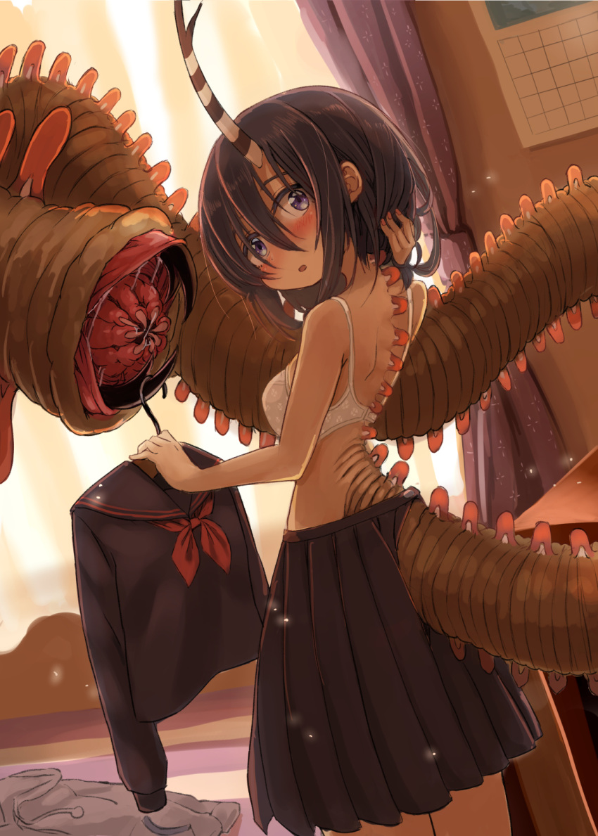159cm 1girl :o backlighting bare_arms bare_shoulders black_hair black_sailor_collar black_serafuku black_shirt black_skirt blush bobbit_worm bra extra_mouth from_side hand_in_hair hand_up highres holding horns indoors isome_meme_(159cm) looking_at_viewer looking_to_the_side medium_skirt monster_girl neckerchief open_mouth original pleated_skirt red_neckwear sailor_collar school_uniform serafuku shirt shirt_removed short_hair single_horn skirt solo tail tail_mouth underwear violet_eyes white_bra window