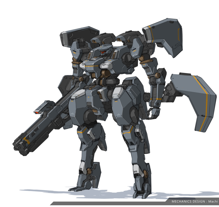 artist_name gun highres holding holding_gun holding_weapon machi_(kjj6997) mecha no_humans open_hand original science_fiction shadow shoulder_cannon solo standing visor weapon white_background