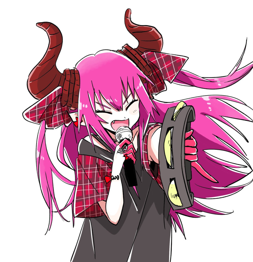 1girl bangs black_shirt earrings elizabeth_bathory_(fate) elizabeth_bathory_(fate)_(all) fang fate/extra fate/extra_ccc fate/grand_order fate_(series) highres holding holding_microphone horn_ornament horn_ribbon horns instrument jewelry long_hair microphone mokeo open_mouth pink_hair plaid pointy_ears ribbon shirt simple_background solo tambourine upper_body white_background