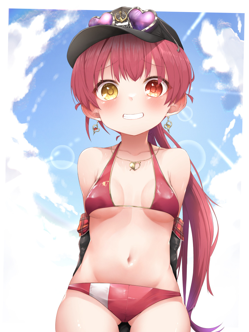 1girl absurdres bangs bikini blush breasts eyebrows_visible_through_hair hair_ribbon hat heterochromia highres hololive houshou_marine large_breasts long_hair looking_at_viewer open_mouth pepushi_drow ponytail red_eyes redhead ribbon smile solo swimsuit virtual_youtuber yellow_eyes younger