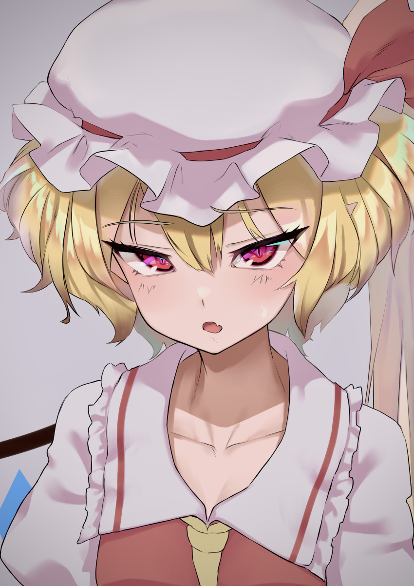 1girl absurdres ascot bangs blonde_hair blush breasts collarbone commentary_request crystal eyebrows_visible_through_hair fang flandre_scarlet frilled_shirt_collar frills fuamaa grey_background hair_between_eyes hat hat_ribbon highres looking_at_viewer mob_cap one_side_up open_mouth pink_eyes pointy_ears puffy_short_sleeves puffy_sleeves raised_eyebrow red_ribbon red_vest ribbon sanpaku short_sleeves simple_background skin_fang slit_pupils small_breasts solo touhou upper_body vest white_headwear wings yellow_neckwear