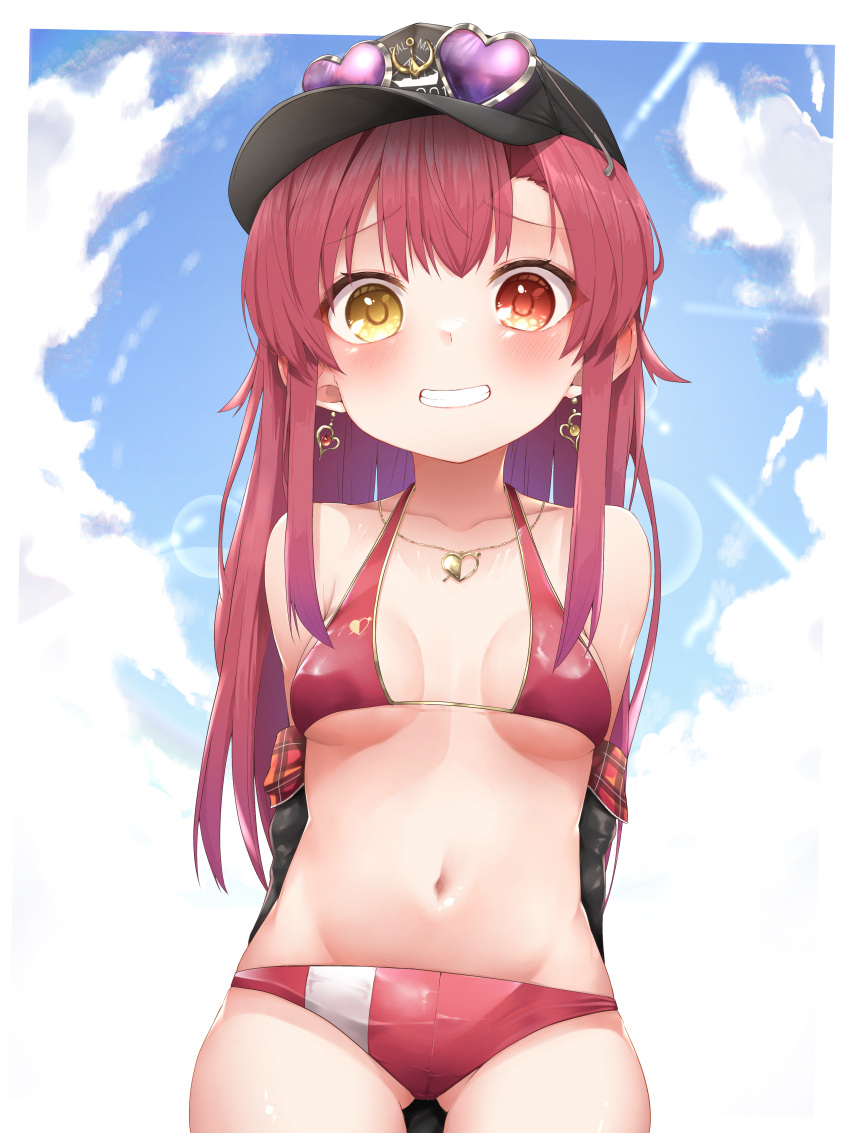 1girl absurdres bangs bikini blush breasts eyebrows_visible_through_hair hair_ribbon hat heterochromia highres hololive houshou_marine large_breasts long_hair looking_at_viewer open_mouth pepushi_drow red_eyes redhead ribbon smile solo swimsuit virtual_youtuber yellow_eyes younger
