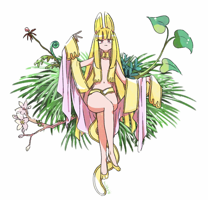 1girl animal_ears bangs blonde_hair blunt_bangs branch breast_curtains bud cat_ears cat_girl cat_tail closed_mouth crossed_legs flower highres invisible_chair leaf long_hair mokeo original paw_shoes pink_flower shoes sidelocks simple_background sitting solo tail white_background yellow_flower