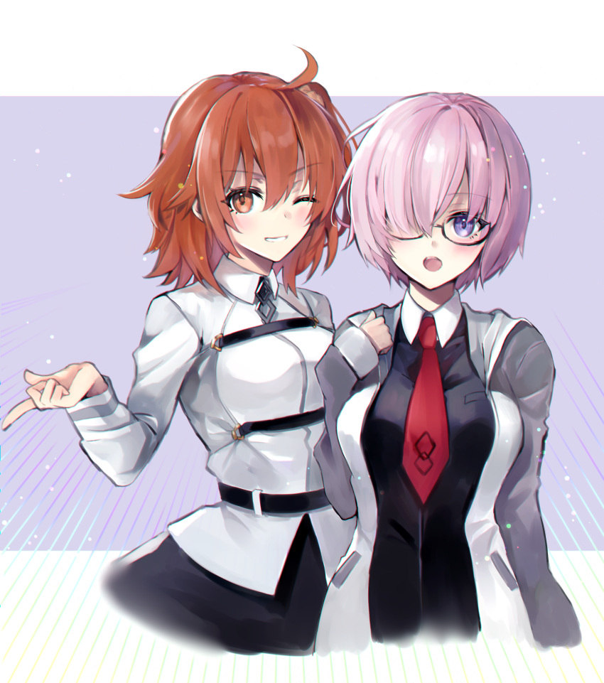 2girls absurdres ahoge bangs blush breasts chaldea_uniform commentary_request fate/grand_order fate_(series) fujimaru_ritsuka_(female) glasses grey_jacket grin hair_between_eyes hair_over_one_eye hand_up hane_yuki highres jacket large_breasts long_sleeves mash_kyrielight medium_breasts multiple_girls necktie one_eye_closed open_clothes open_jacket open_mouth orange_eyes orange_hair pantyhose red_neckwear shiny shiny_hair short_hair side_ponytail smile teeth two-tone_background upper_teeth violet_eyes white_jacket