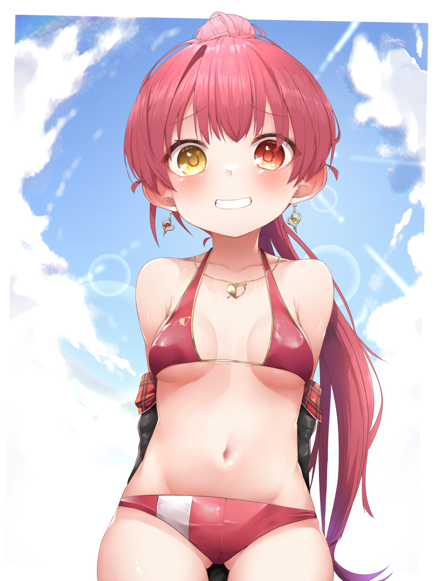 1girl absurdres bangs bikini blush breasts eyebrows_visible_through_hair hair_ribbon heterochromia highres hololive houshou_marine large_breasts long_hair looking_at_viewer open_mouth pepushi_drow ponytail red_eyes redhead ribbon smile solo swimsuit virtual_youtuber yellow_eyes younger