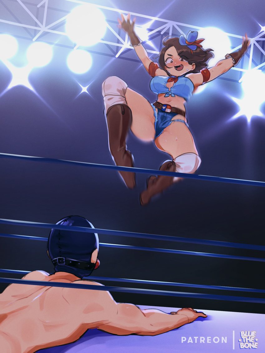 1boy 1girl :d arms_up ball_gag belt bluethebone bluethebone_(character) boots brown_footwear brown_gloves commentary english_commentary fingerless_gloves gag gimp_mask gloves highres jumping lying micro_shorts midriff navel on_stomach open_mouth original shorts smile thigh-highs white_legwear wrestling wrestling_ring