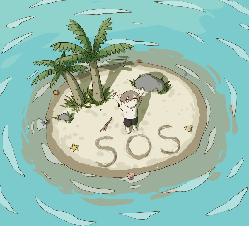 1boy absurdres avogado6 barefoot black_shorts blue_sky brown_hair child commentary_request dirty from_above hands_up highres looking_at_viewer ocean original palm_tree rock sad seashell shell shirt short_hair shorts sky solo sos starfish stick tree white_shirt