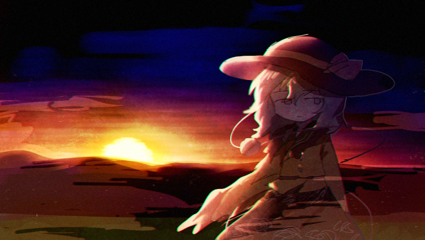 1girl backlighting bangs black_headwear black_skirt child chromatic_aberration closed_mouth clouds commentary_request cowboy_shot expressionless eyebrows_visible_through_hair flat_chest floral_print frilled_shirt frilled_sleeves frills gradient_sky half-closed_eyes hat hat_ribbon komeiji_koishi long_hair long_sleeves looking_to_the_side lotosu mountainous_horizon orange_sky outdoors ribbon shirt sidelocks sketch skirt sky solo standing sun sunset third_eye touhou yellow_ribbon yellow_shirt