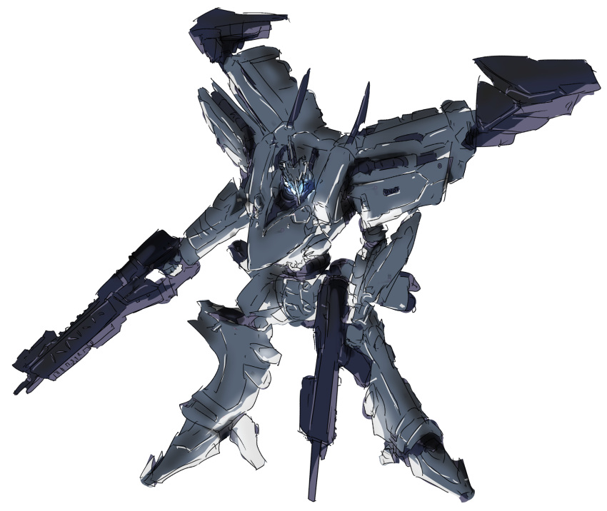 armored_core bumou glowing highres holding holding_weapon looking_at_viewer mecha no_humans weapon white_glint