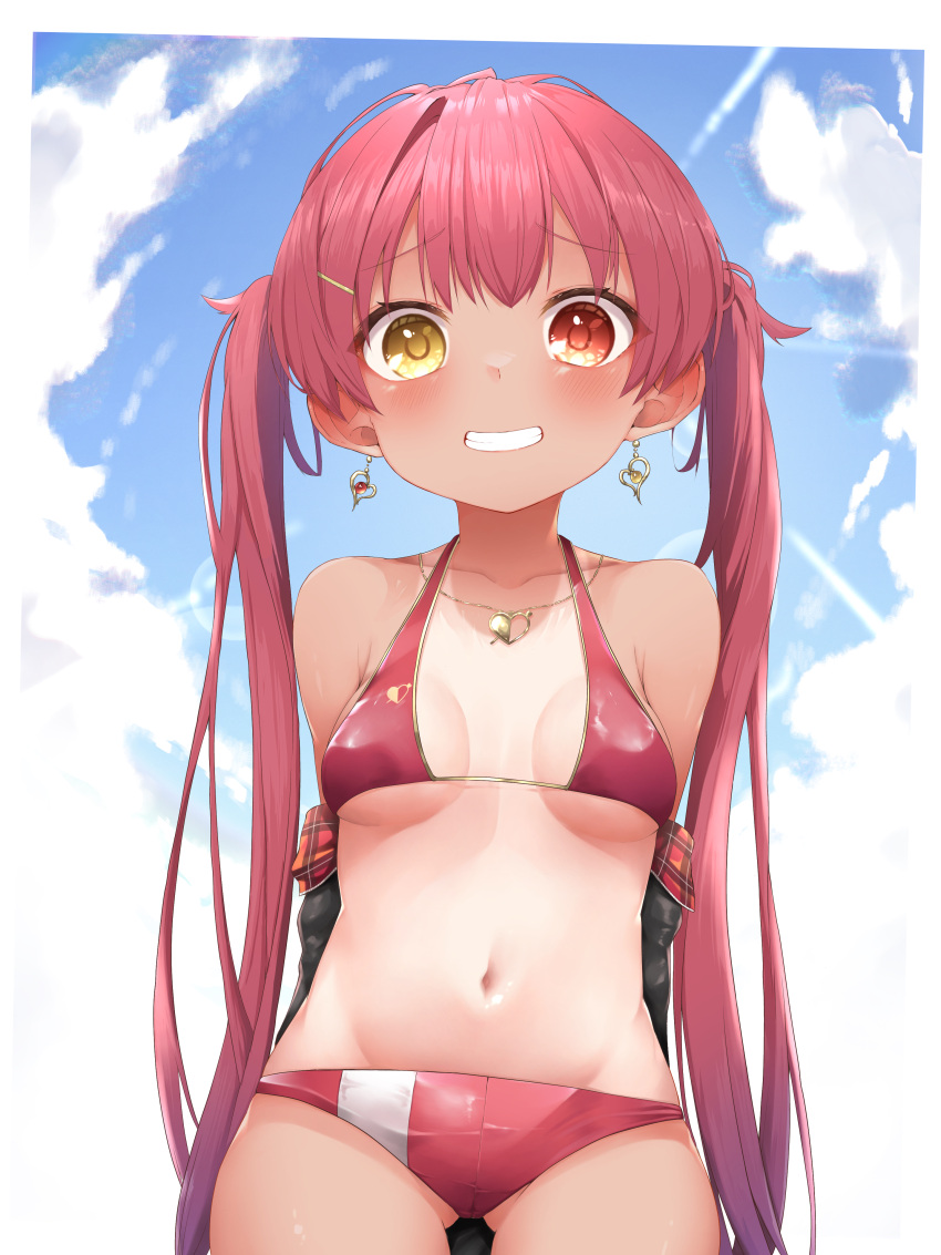 1girl absurdres bangs bikini blush breasts eyebrows_visible_through_hair hair_ribbon heterochromia highres hololive houshou_marine large_breasts long_hair looking_at_viewer navel one-piece_tan open_mouth pepushi_drow red_eyes redhead ribbon smile solo swimsuit tan tanlines twintails virtual_youtuber yellow_eyes younger
