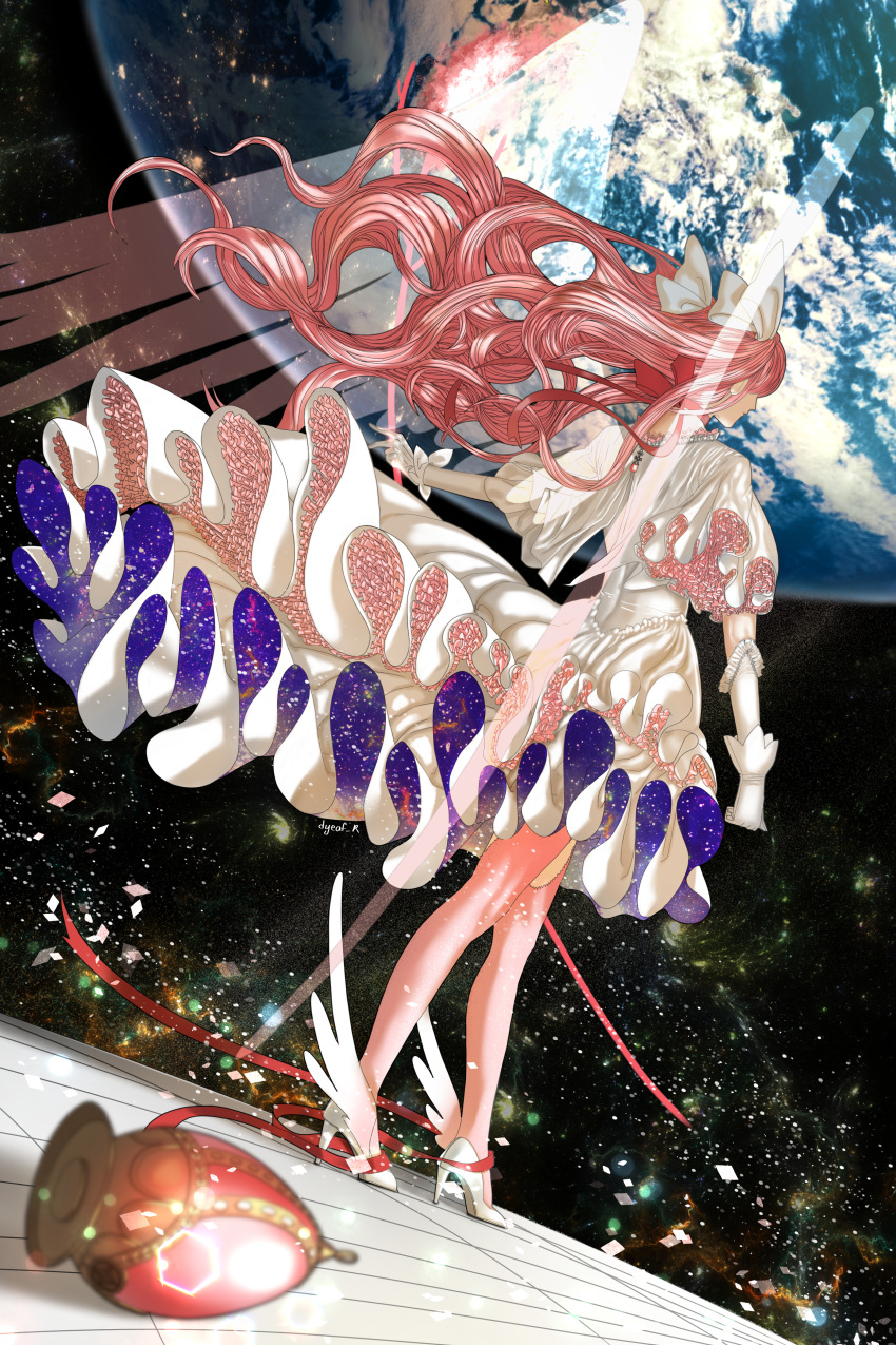 1girl absurdres adapted_costume arms_at_sides artist_name blurry choker clenched_hand closed_mouth depth_of_field dress dutch_angle dyeaf_r earth_(planet) facing_away fisheye floating_hair floor frilled_dress frilled_gloves frilled_sleeves frills from_behind full_body gloves goddess_madoka hair_ribbon high_heels highres huge_filesize jewelry kaname_madoka lace layered_dress layered_sleeves lens_flare light_particles long_dress long_hair mahou_shoujo_madoka_magica nebula night night_sky no_eyes perspective pink_hair pink_legwear pink_wings planet profile red_choker red_ribbon ribbon ribbon_choker serious sky solo soul_gem space star_(sky) starry_sky thigh-highs transparent_wings vanishing_point very_long_hair walking white_dress white_footwear white_gloves white_ribbon wide_sleeves winged_footwear wings zettai_ryouiki