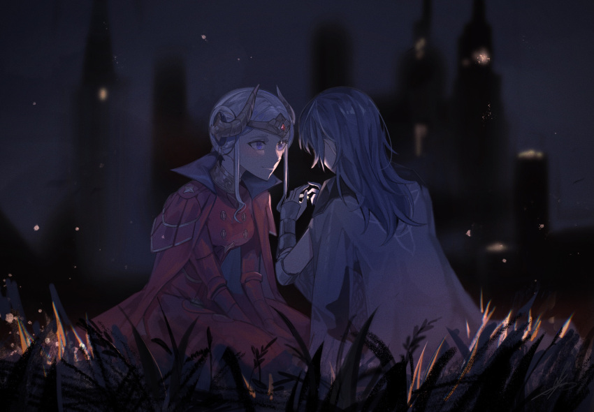 2girls animal armor blue_cape blue_hair blush byleth_(fire_emblem) byleth_eisner_(female) cape castle circlet closed_mouth double_bun edelgard_von_hresvelg film_grain fire_emblem fire_emblem:_three_houses fireflies gem gloves glowing grass hair_bun highres kneeling long_hair looking_at_another multiple_girls night night_sky pauldrons red_cape red_gloves shoulder_armor silhouette sitting sky smile toho10min vambraces violet_eyes yuri