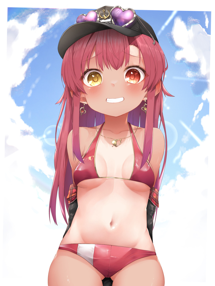 1girl absurdres bangs bikini blush breasts eyebrows_visible_through_hair hair_ribbon hat heterochromia highres hololive houshou_marine large_breasts long_hair looking_at_viewer navel one-piece_tan open_mouth pepushi_drow red_eyes redhead ribbon smile solo swimsuit tan tanlines virtual_youtuber yellow_eyes younger