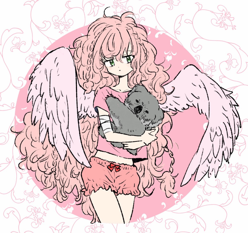 1girl animal bandaged_arm bandages bangs blush closed_mouth curly_hair feathered_wings green_eyes hair_between_eyes holding holding_animal koala long_hair mokeo original pink_hair pink_shirt pink_shorts pink_wings shirt short_sleeves shorts simple_background very_long_hair wings