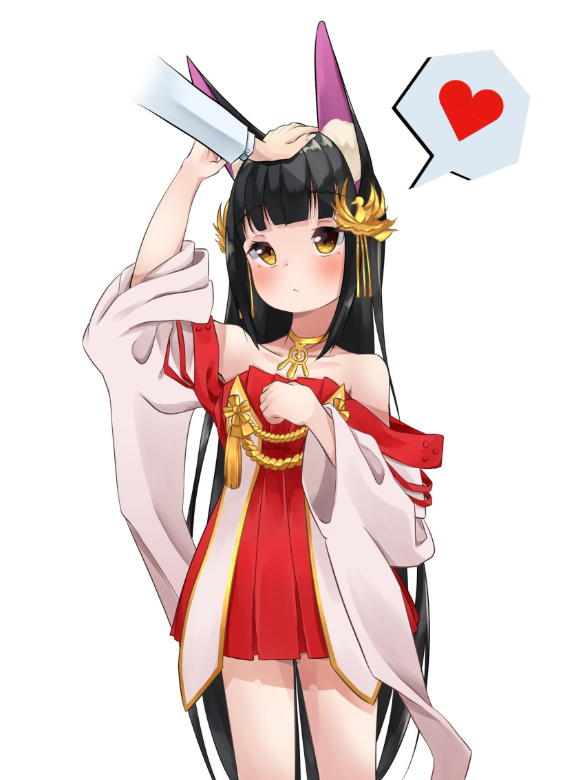 1girl animal_ears azur_lane bangs bare_shoulders black_hair blunt_bangs commander_(azur_lane) commentary_request detached_sleeves dress eyebrows_visible_through_hair fox_ears hair_ornament headpat heart highres jewelry long_hair looking_at_another marimo_daifuku military military_uniform nagato_(azur_lane) naval_uniform necklace off-shoulder_dress off_shoulder out_of_frame red_dress sidelocks simple_background solo spoken_heart uniform white_background wide_sleeves yellow_eyes