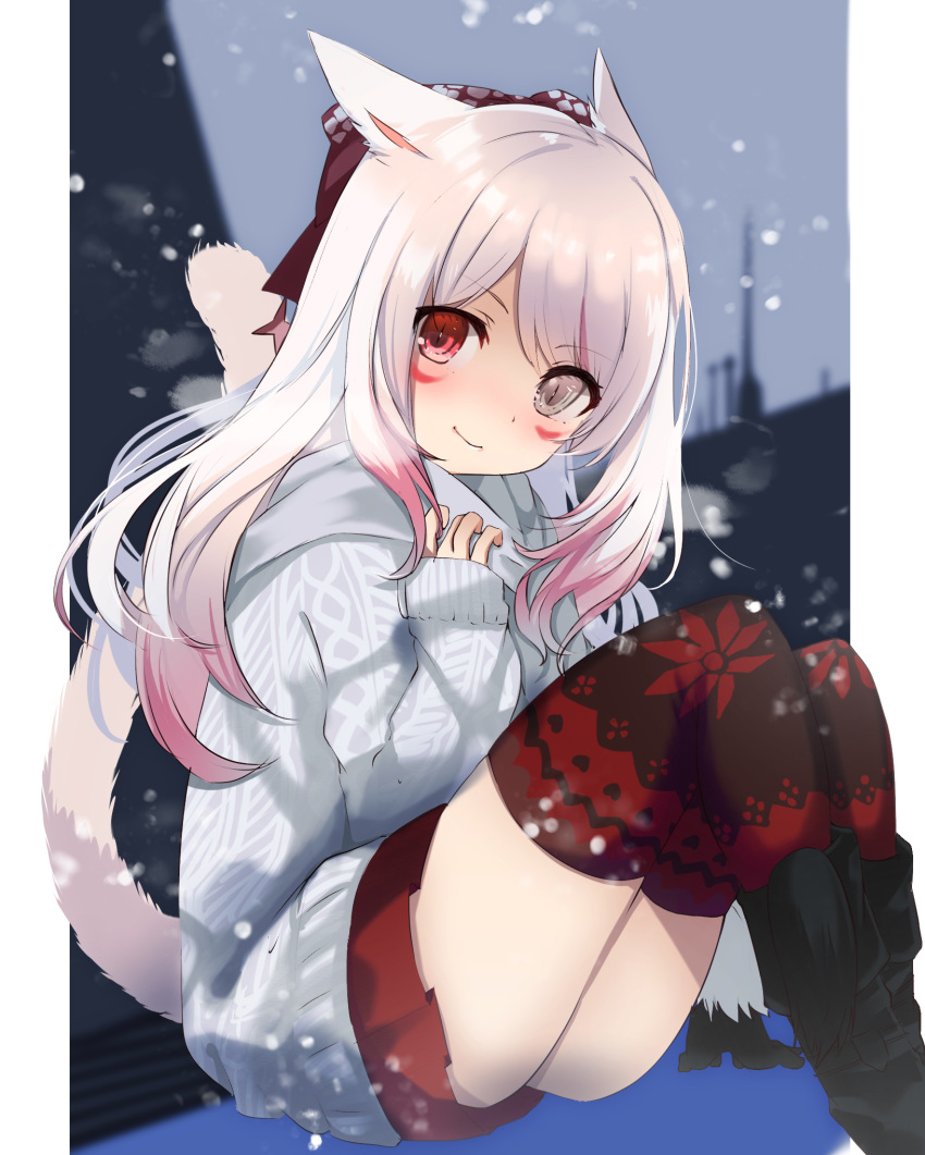 1girl akahaneko animal_ears cat_ears cat_girl cat_tail commentary commentary_request eyebrows_visible_through_hair facial_mark final_fantasy final_fantasy_xiv grey_eyes hair_ribbon heterochromia highres long_hair looking_at_viewer miqo'te red_eyes ribbon sitting skirt slit_pupils snowing solo sweater tail thigh-highs