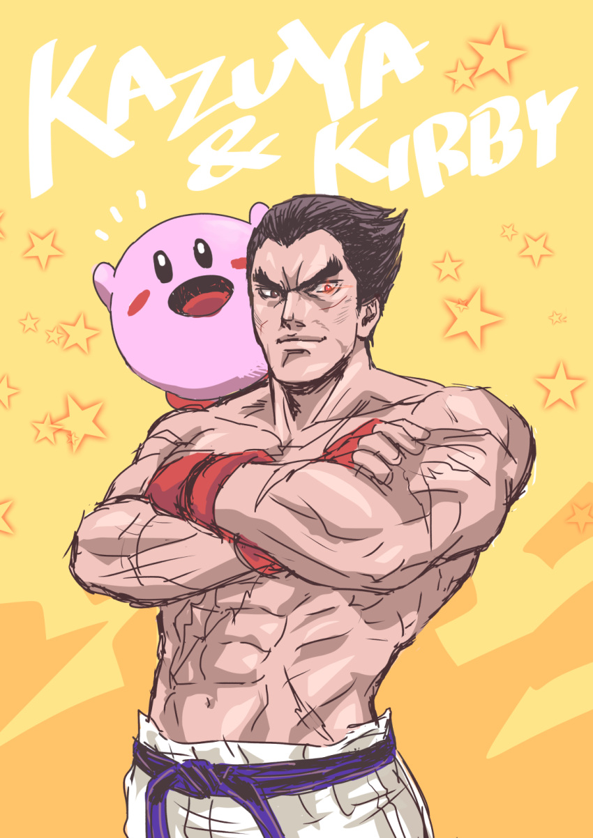 18gtm 1boy black_hair blue_eyes brown_hair collarbone crossed_arms fingerless_gloves gloves highres kirby kirby's_dream_land kirby_(series) looking_at_viewer male_focus mishima_kazuya muscular pants red_eyes scar shirtless short_hair simple_background smile solo super_smash_bros. tekken thick_eyebrows