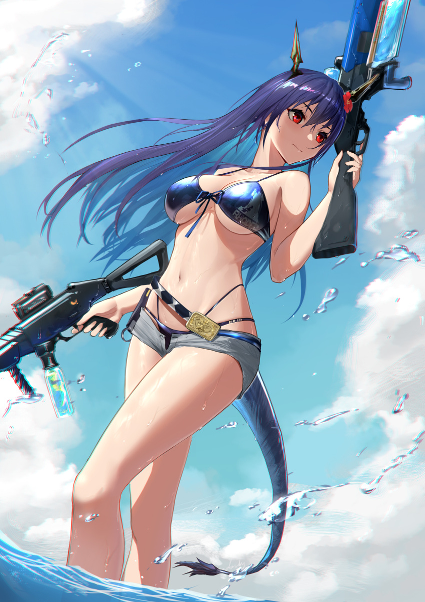 1girl absurdres anming arknights bare_arms bare_legs bare_shoulders bikini black_bikini black_ribbon blue_hair blue_sky breasts ch'en_(arknights) ch'en_the_holungday_(arknights) chinese_commentary closed_mouth clothes_writing colored_inner_hair commentary_request day dragon_girl dragon_horns dragon_tail dual_wielding flower front-tie_bikini front-tie_top grey_shorts hair_flower hair_ornament highres holding horns large_breasts light_rays looking_away looking_to_the_side multicolored_hair navel open_clothes open_fly open_shorts outdoors purple_hair red_eyes red_flower rhodes_island_logo ribbon short_shorts shorts sky smile solo stomach sunbeam sunlight swimsuit tail thighs trigger_discipline two-tone_hair under_boob wading water water_gun