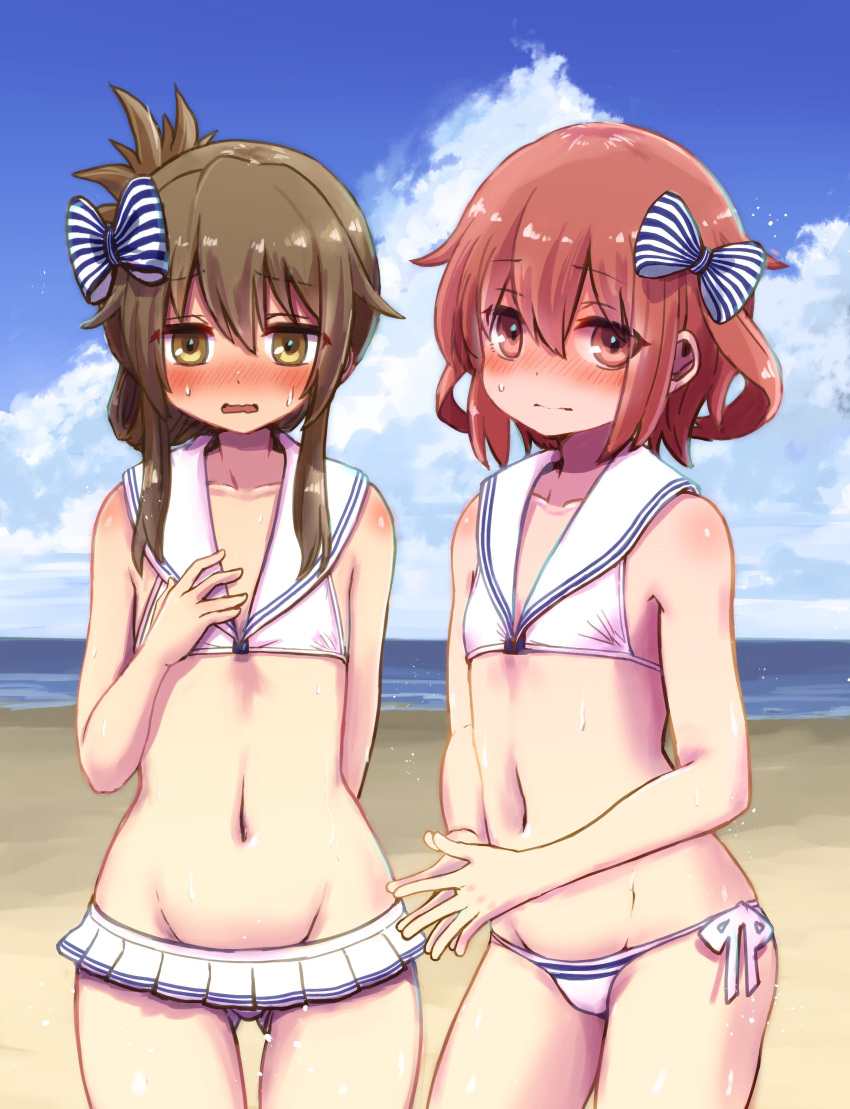 2girls absurdres beach bikini blush brown_eyes brown_hair closed_mouth clouds cloudy_sky collarbone cowboy_shot day eyebrows_visible_through_hair folded_ponytail groin hair_between_eyes highres ikazuchi_(kancolle) inazuma_(kancolle) kantai_collection long_hair multiple_girls navel ocean open_mouth sailor_bikini sailor_collar short_hair sky swimsuit unagiman white_bikini white_sailor_collar