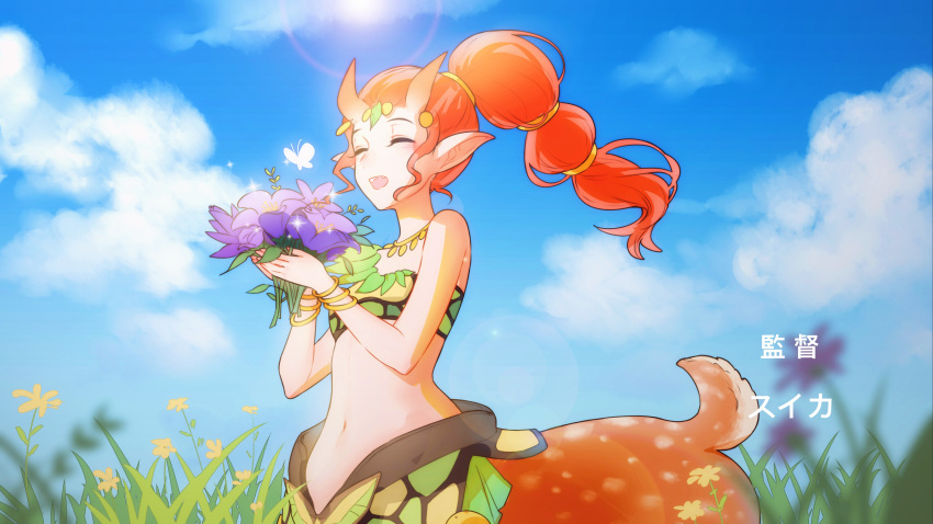 1girl :d absurdres blue_sky bug butterfly centauroid closed_eyes clouds cloudy_sky defense_of_the_ancients dota_2 enchantress_(dota) eren_(artist) flower forehead grass highres holding holding_flower horns insect jewelry navel necklace open_mouth orange_hair outdoors pointy_ears ponytail purple_flower sky sleeveless smile solo taur