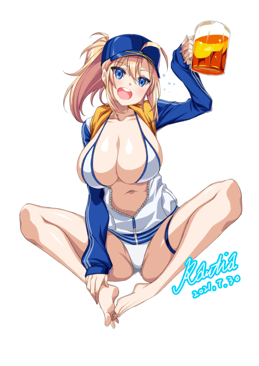 1girl ahoge alcohol artoria_pendragon_(all) barefoot beer beer_mug bikini blonde_hair blue_eyes blue_jacket breasts butterfly_sitting commission cup fate_(series) feet feet_together foam full_body hair_through_headwear hands_on_feet hat highres holding holding_cup hood hooded_jacket jacket large_breasts legs long_sleeves looking_at_viewer mug mysterious_heroine_x_(fate) mysterious_heroine_xx_(fate) no_shoes open_clothes open_jacket rantia sitting soles solo swimsuit thigh_strap toes white_bikini zipper_pull_tab