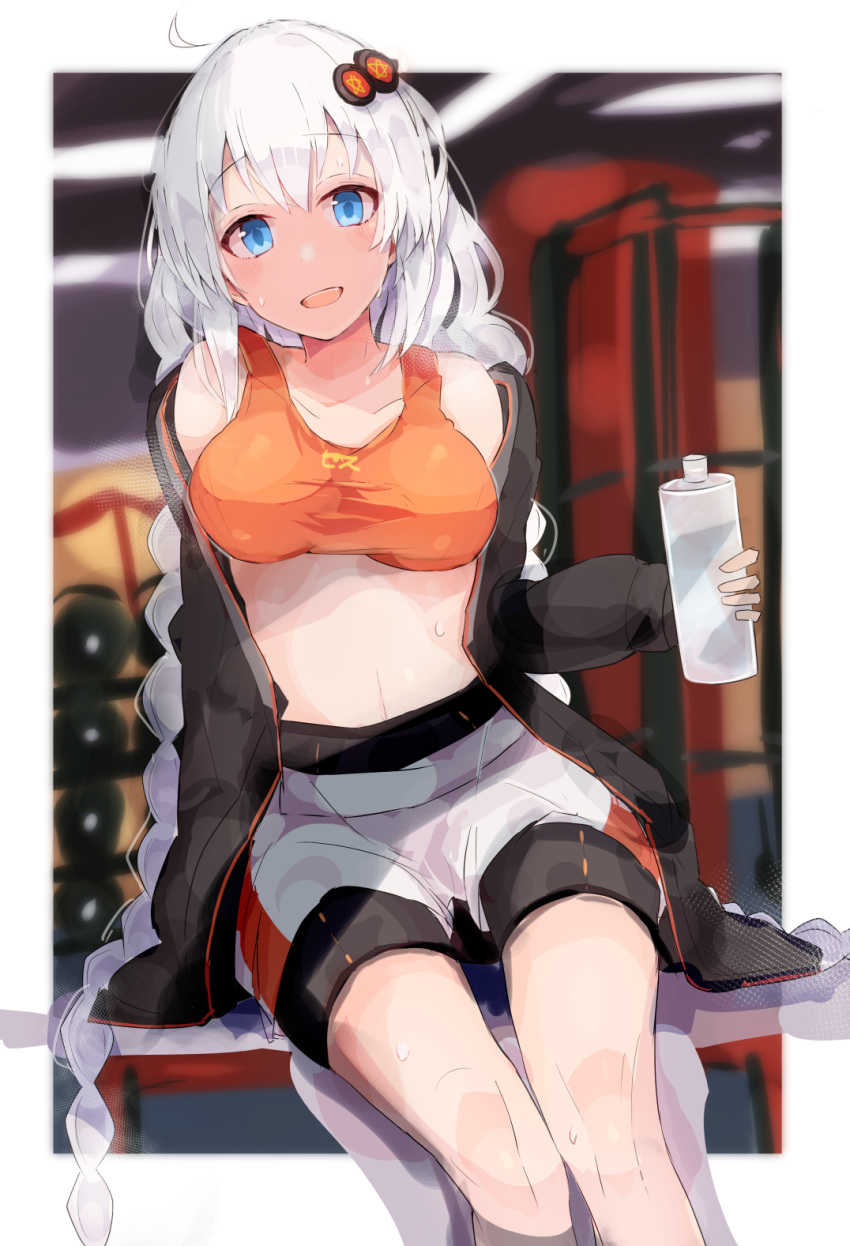 1girl bench black_jacket blue_eyes bottle bra braid commentary cowboy_shot dumbbell gym hair_ornament highres holding holding_bottle indoors jacket kizuna_akari kujira_hebi long_hair looking_at_viewer open_clothes open_jacket open_mouth orange_bra orange_sports_bra shorts sitting smile solo sports_bra twin_braids underwear very_long_hair vocaloid voiceroid water_bottle white_hair white_shorts