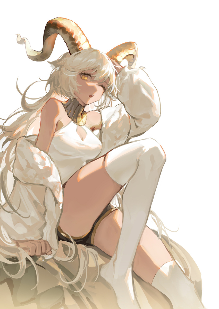 1girl animal_ears arknights beeswax_(arknights) beeswax_(weisser_sand)_(arknights) black_shorts cardigan commentary goat_ears goat_girl goat_horns gold_trim hand_on_head highres horns knee_up mosi_l one_eye_closed open_cardigan open_clothes open_mouth shirt shorts simple_background sitting sleeveless sleeveless_shirt solo symbol-only_commentary teeth thigh-highs thighs white_background white_cardigan white_legwear white_shirt yellow_eyes