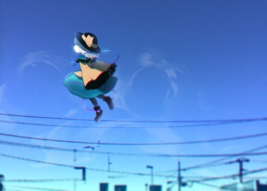 1girl bangs black_footwear black_headwear black_legwear blue_background blue_sky blurry blurry_background boots child chromatic_aberration closed_mouth commentary_request day flying frilled_shirt frilled_sleeves frills from_side full_body gradient gradient_background gradient_sky green_eyes grey_hair hat hat_ribbon komeiji_koishi long_hair long_sleeves looking_up lotosu orange_ribbon orange_shirt outdoors pantyhose power_lines profile ribbon shirt sidelocks sky solo third_eye touhou wide_sleeves wind