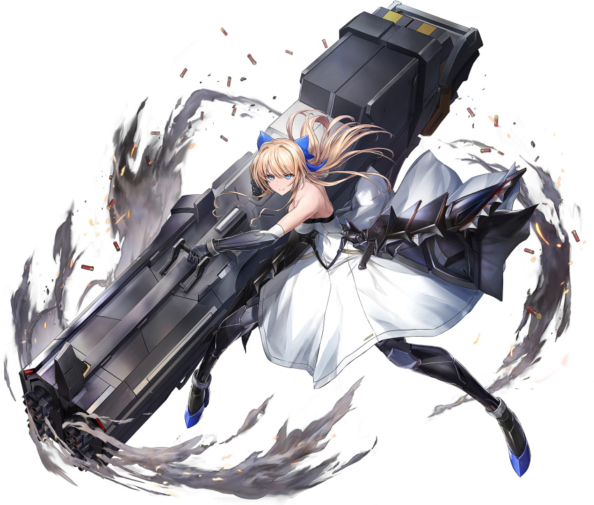 1girl blonde_hair blue_bow bow breasts dress floating_hair gun hair_bow highres holding holding_gun holding_weapon huge_weapon long_hair mechanical_arms mechanical_legs medium_breasts morichika_shuuto original science_fiction shell_casing smile solo v-shaped_eyebrows weapon white_dress