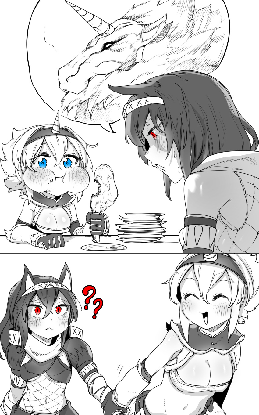 2girls :&lt; ? ?? absurdres animal_ears black_hair blue_eyes blush bodysuit cat_ears eating fishnet_bodysuit fishnets food food_on_face full_mouth hairband highres horn_ornament horns kirin_(armor) kirin_(monster_hunter) meat midriff monster_hunter_(series) multiple_girls nargacuga_(armor) navel niwarhythm plate plate_stack red_eyes scarf smile