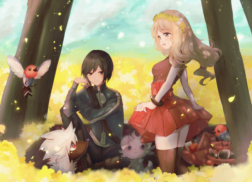 1boy 1girl bangs black_hair blonde_hair blurry boots breasts brown_legwear brown_shirt calem_(pokemon) closed_mouth commentary_request day espurr eyewear_on_headwear field fletchling floating_hair flower flower_field furfrou gen_6_pokemon glowing hand_up hat hat_removed headwear_removed highres jacket kneeling long_hair long_sleeves nasakixoc outdoors pants petals pleated_skirt pokemon pokemon_(creature) pokemon_(game) pokemon_xy red_skirt serena_(pokemon) shirt short_hair sitting skirt sleeveless sleeveless_shirt smile strap sunglasses thigh-highs tree turtleneck_jacket yellow_flower