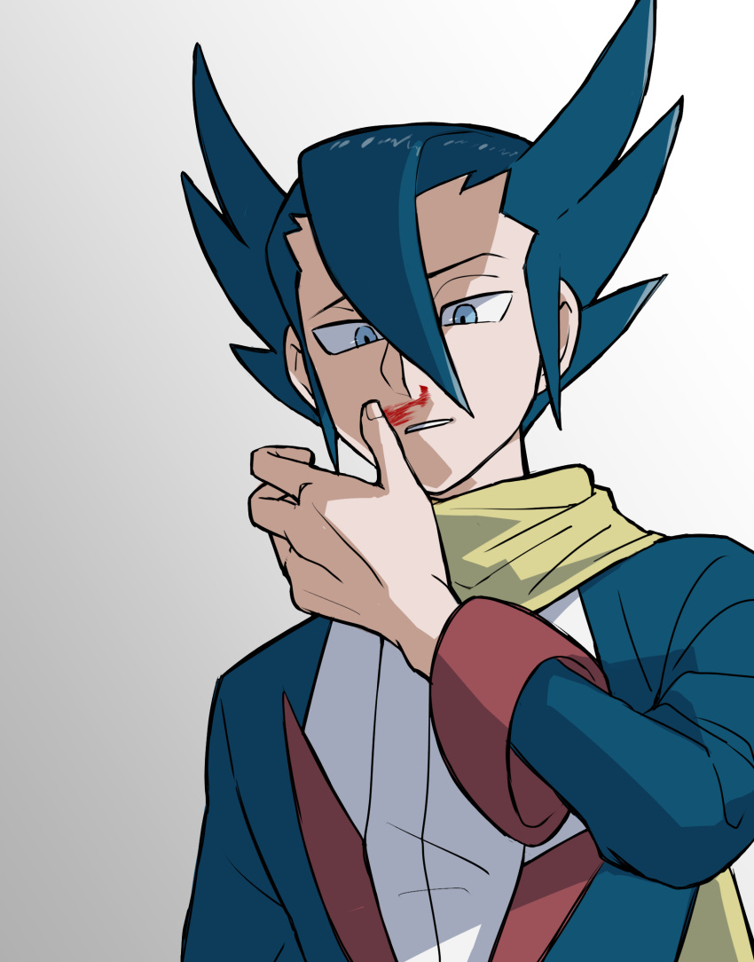 1boy bangs blood blue_eyes blue_hair commentary_request elite_four fingernails grey_background grimsley_(pokemon) hair_between_eyes hand_up highres jacket long_sleeves looking_down male_focus nosebleed pokemon pokemon_(game) pokemon_bw scarf shirt short_hair spiky_hair upper_body usarinko yellow_scarf