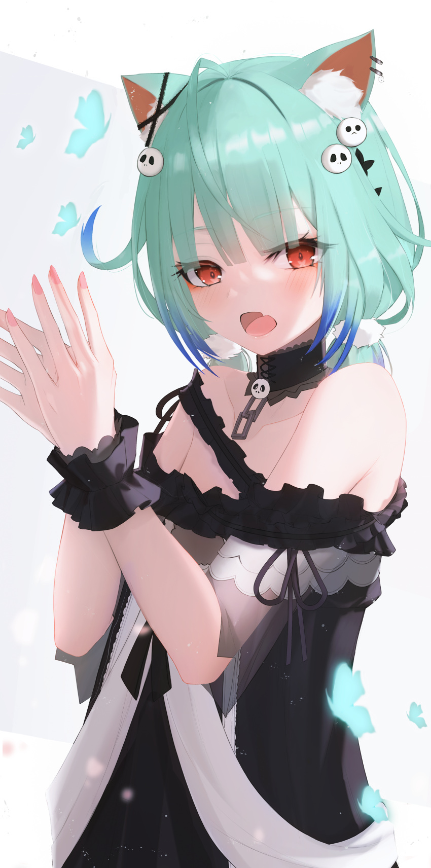 1girl absurdres ahoge animal_ears bare_shoulders black_choker black_dress blue_hair blush cat_ears choker collarbone colored_tips dress ear_piercing ear_ribbon fang fingernails flat_chest frilled_dress frilled_straps frills gradient_hair green_hair hair_ornament highres hololive long_fingernails looking_at_viewer low_twintails multicolored_hair nail_polish off-shoulder_dress off_shoulder open_mouth piercing pink_nails pom_pom_(clothes) pom_pom_hair_ornament red_eyes see-through_sleeves sharp_fingernails short_hair short_sleeves short_twintails skin_fang skull_hair_ornament solo thomas_8000 twintails uruha_rushia virtual_youtuber wristband