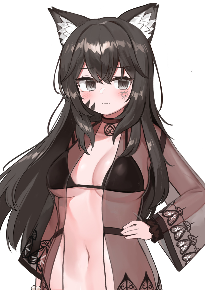 1girl absurdres animal_ear_fluff animal_ears bikini black_bikini black_eyes black_hair breasts cat_ears choker facial_mark hand_on_hip highres long_hair long_sleeves looking_at_viewer medium_breasts navel open_clothes original pocari_(sq551) see-through sheer_clothes simple_background solo stomach string_bikini swimsuit upper_body vrchat white_background
