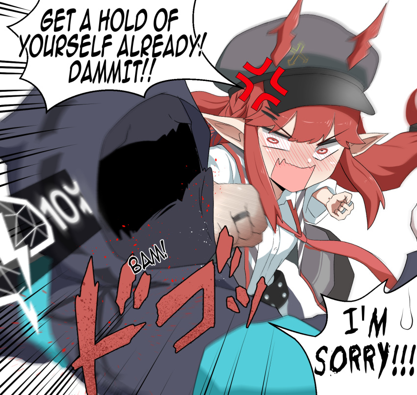 1girl 1other alph_(sancheck) anger_vein arknights black_jacket blurry cabbie_hat doctor_(arknights) emphasis_lines english_text gameplay_mechanics hat helmet highres horns horns_through_headwear jacket jewelry long_hair low_twintails open_mouth pointy_ears punching red_eyes redhead ring shirt speech_bubble twintails v-shaped_eyebrows very_long_hair vigna_(arknights) white_shirt