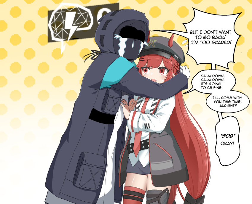 1girl 1other alph_(sancheck) arknights asymmetrical_legwear black_jacket cabbie_hat crying doctor_(arknights) english_text gameplay_mechanics hat helmet highres horns horns_through_headwear hug jacket long_hair looking_at_another low_twintails miniskirt mismatched_legwear necktie open_clothes open_jacket pointy_ears red_eyes redhead shirt skirt speech_bubble thigh-highs twintails very_long_hair vigna_(arknights) white_shirt zettai_ryouiki