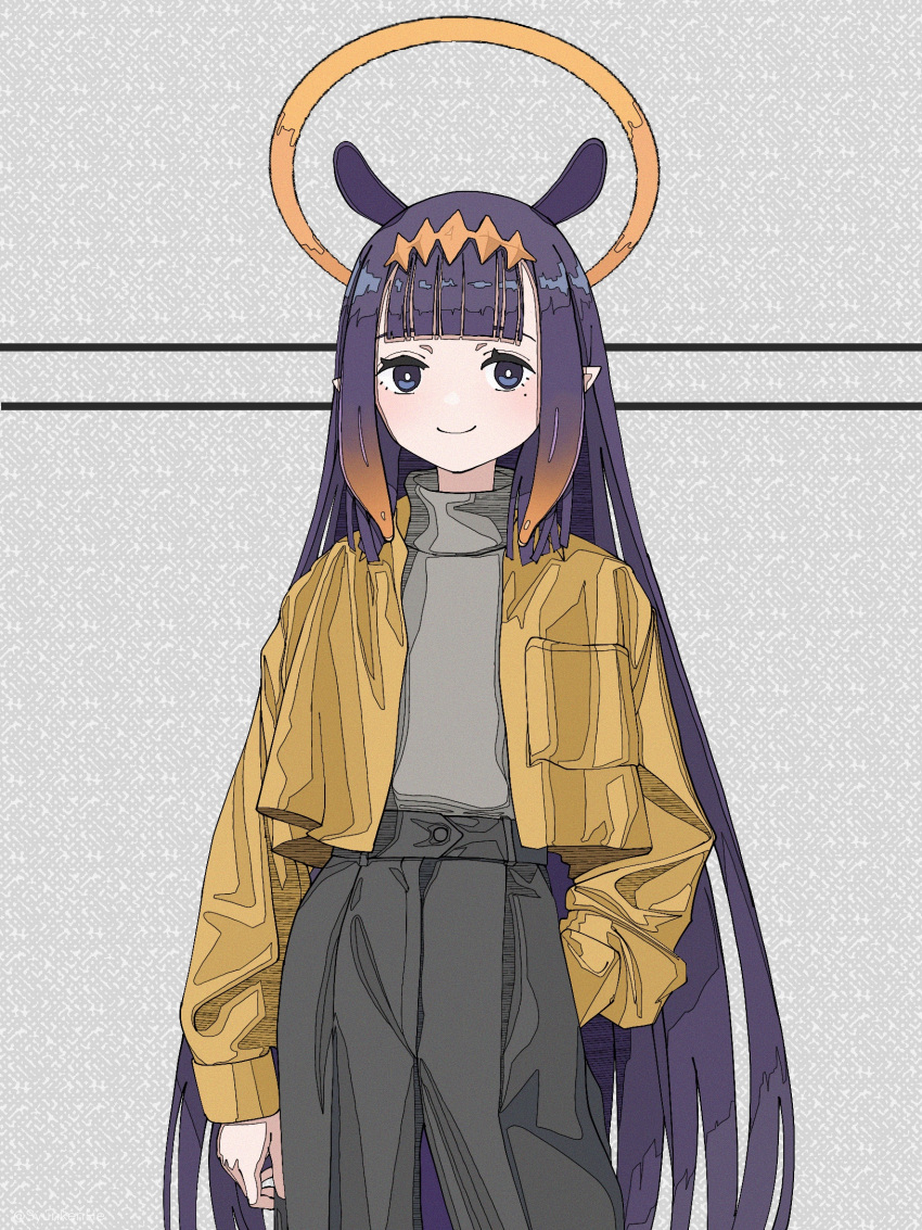 1girl animal_ears bangs blunt_bangs closed_mouth commentary cowboy_shot gradient_hair grey_background grey_pants grey_sweater hair_ornament halo hand_in_pocket highres hololive hololive_english jacket ligne_claire long_hair long_sleeves mole mole_under_eye multicolored_hair ninomae_ina'nis orange_hair pants pointy_ears purple_hair shunken_he smile solo sweater tentacle_hair violet_eyes yellow_jacket